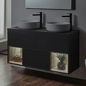 Milano Bexley Black Grey 1200mm Wall Hung Open Shelf Vanity Unit with Round Countertop Basins and LED Light