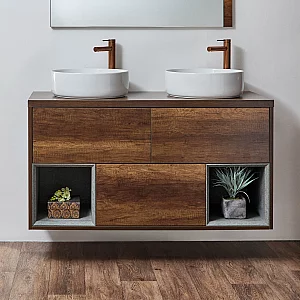 Milano Bexley Dark Oak 1200mm Wall Hung Open Shelf Vanity Unit with Round Countertop Basins