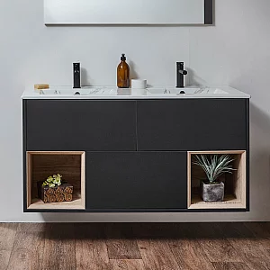 Milano Bexley Black Grey 1212mm Wall Hung Open Shelf Vanity Unit with Marble Effect Double Basin