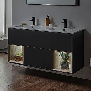 Milano Bexley Black Grey 1212mm Wall Hung Open Shelf Vanity Unit with Marble Effect Double Basin and LED Light