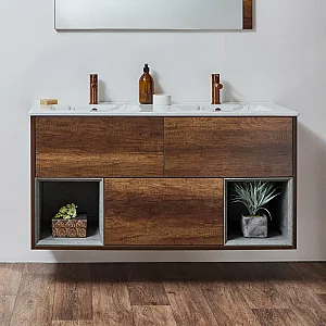 Milano Bexley Dark Oak 1212mm Wall Hung Open Shelf Vanity Unit with Marble Effect Double Basin