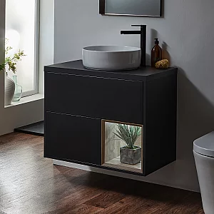 Milano Bexley Black Grey 800mm Wall Hung Open Shelf Vanity Unit with Round Countertop Basin and LED Light