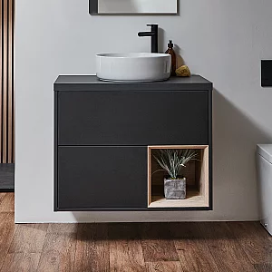 Milano Bexley Black Grey 800mm Wall Hung Open Shelf Vanity Unit with Round Countertop Basin