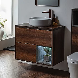 Milano Bexley Dark Oak 800mm Wall Hung Open Shelf Vanity Unit with Round Countertop Basin and LED Light