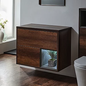 Milano Bexley Dark Oak 800mm Wall Hung Open Shelf Vanity Unit with LED Light