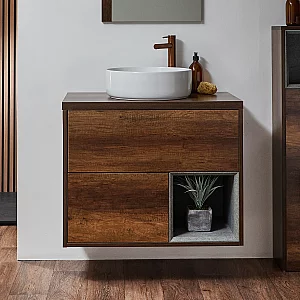 Milano Bexley Dark Oak 800mm Wall Hung Open Shelf Vanity Unit with Round Countertop Basin