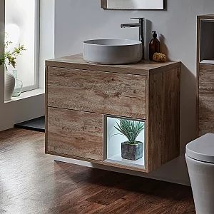 Milano Bexley Light Oak 800mm Wall Hung Open Shelf Vanity Unit with Round Countertop Basin and LED Light