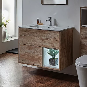 Milano Bexley Light Oak 812mm Wall Hung Open Shelf Vanity Unit with Marble Effect Basin and LED Light