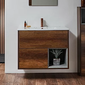 Milano Bexley Dark Oak 812mm Wall Hung Open Shelf Vanity Unit with Marble Effect Basin