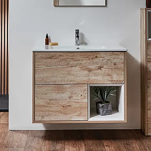 Milano Bexley Light Oak 812mm Wall Hung Open Shelf Vanity Unit with Marble Effect Basin