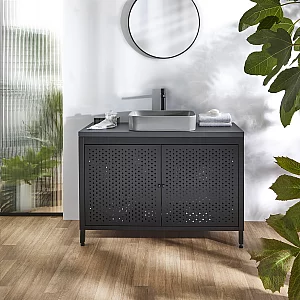 Milano Beswick Black Metal 1200mm Vanity Unit with Black Grey Countertop and Elements Rectangular Pebble Basin