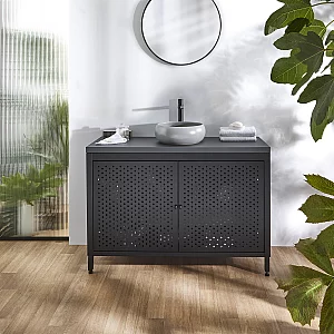 Milano Beswick Black Metal 1200mm Vanity Unit with Black Grey Countertop and Elements Round Pebble Basin