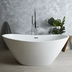Milano Irwell White Modern Oval DoubleEnded Freestanding Slipper Bath 1600mm x 750mm with Brushed Brass Overflow