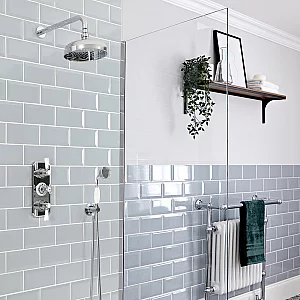 Milano Elizabeth Chrome and White Thermostatic Shower System with 300mm Shower Head with Wall Arm and Hand Shower 2 Outlet