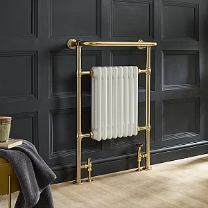 Milano Elizabeth Brushed Brass Traditional Heated Towel Rail 960mm x 673mm With Overhanging Rail