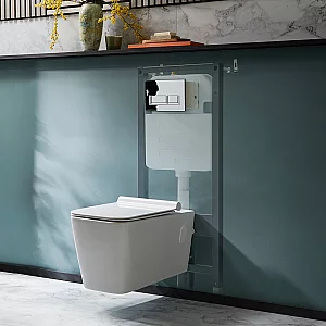 Milano Elswick White Modern Wall Hung Toilet with Tall Wall Frame Rectangular Chrome Flush Plate