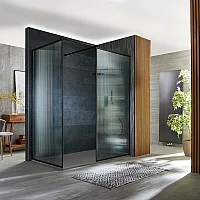 Milano Florence Fluted Glass Black Framed Corner WalkIn Shower Enclosure with 1100mm x 700mm Light Grey Slate Tray