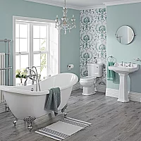 Milano Traditional Bathroom Suite with Freestanding Bath Close Coupled Toilet Pedestal Basin and Taps