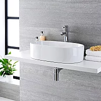 Milano Overton White Modern Oval Countertop Basin with High Rise Mixer Tap 575mm x 360mm