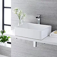 Milano Westby White Modern Rectangular Countertop Basin with High Rise Mixer Tap 490mm x 390mm