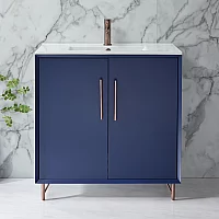 Milano Edge Navy Blue 810mm Modern Vanity Unit with Basin and Aged Bronze TBar Handles