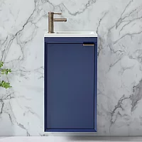 Milano Edge Navy Blue 400mm Wall Hung Modern Cloakroom Vanity Unit with Basin and Aged Gold Finger Pull Handle