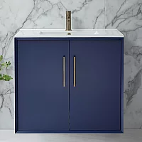 Milano Edge Navy Blue 810mm Wall Hung Modern Vanity Unit with Basin and Aged Gold TBar Handles