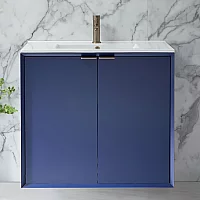 Milano Edge Navy Blue 810mm Wall Hung Modern Vanity Unit with Basin and Aged Gold Finger Pull Handles
