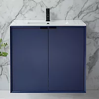 Milano Edge Navy Blue 810mm Wall Hung Modern Vanity Unit with Basin and Black Finger Pull Handles