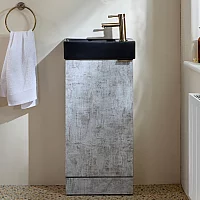 Milano Lurus Concrete Grey 400mm Compact Freestanding Cloakroom Vanity Unit and Black Basin with Aged Gold Finger Pull Handle