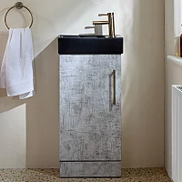Milano Lurus Concrete Grey 400mm Compact Freestanding Cloakroom Vanity Unit and Black Basin with Aged Gold TBar Handle