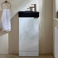 Milano Lurus White 400mm Compact Freestanding Cloakroom Vanity Unit and Black Basin with Aged Gold Finger Pull Handle