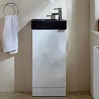 Milano Lurus White 400mm Modern Cloakroom Vanity Unit with Black Basin and Chrome Finger Pull Handle