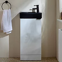 Milano Lurus White 400mm Modern Cloakroom Vanity Unit with Black Basin and Black Finger Pull Handle