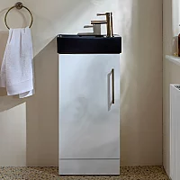 Milano Lurus White 400mm Compact Freestanding Cloakroom Vanity Unit and Black Basin with Aged Gold TBar Handle