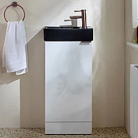 Milano Lurus White 400mm Compact Freestanding Cloakroom Vanity Unit and Black Basin with Aged Bronze Finger Pull Handle
