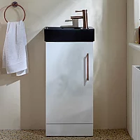 Milano Lurus White 400mm Compact Freestanding Cloakroom Vanity Unit and Black Basin with Aged Bronze TBar Handle