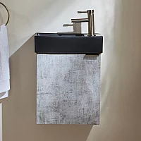 Milano Lurus Concrete Grey 400mm Wall Hung Modern Cloakroom Vanity Unit with Black Basin and Aged Gold Finger Pull Handle