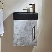 Milano Lurus Concrete Grey 400mm Wall Hung Modern Cloakroom Vanity Unit with Black Basin and Aged Gold TBar Handle