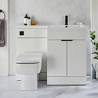 Milano Lurus White 1105mm Modern RightHand Vanity and WC Combination Unit with Elswick Toilet Black Finger Pull Handles