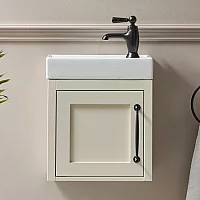 Milano Thornton Antique White 400mm Wall Hung Traditional Cloakroom Vanity Unit with Basin and Classic TBar Black Handle