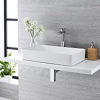 Milano Rivington White Modern Rectangular Countertop Basin with High Rise Mixer Tap 610mm x 350mm