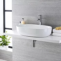 Milano Overton White Modern Oval Countertop Basin with High Rise Mixer Tap 590mm x 425mm