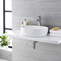 Milano Overton White Modern Oval Countertop Basin with High Rise Mixer Tap 480mm x 350mm