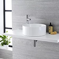 Milano Ballam White Modern Round Countertop Basin with High Rise Mixer Tap 400mm x 400mm