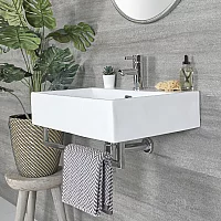 Milano Elswick White Modern 605mm x 430mm Rectangular Wall Hung Basin with Chrome Towel Rail