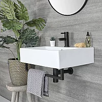 Milano Elswick White Modern 605mm x 430mm Rectangular Wall Hung Basin with Black Towel Rail