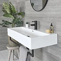 Milano Elswick White Modern 1010mm x 425mm Rectangular Wall Hung Basin with Black Towel Rail