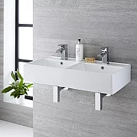 Milano Dalton White Modern Double Rectangular Countertop Basin 820mm x 420mm 2 TapHoles with Chrome Overflow