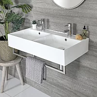 Milano Elswick White Modern 820mm x 420mm Rectangular Double Wall Hung Basin with Chrome Towel Rail